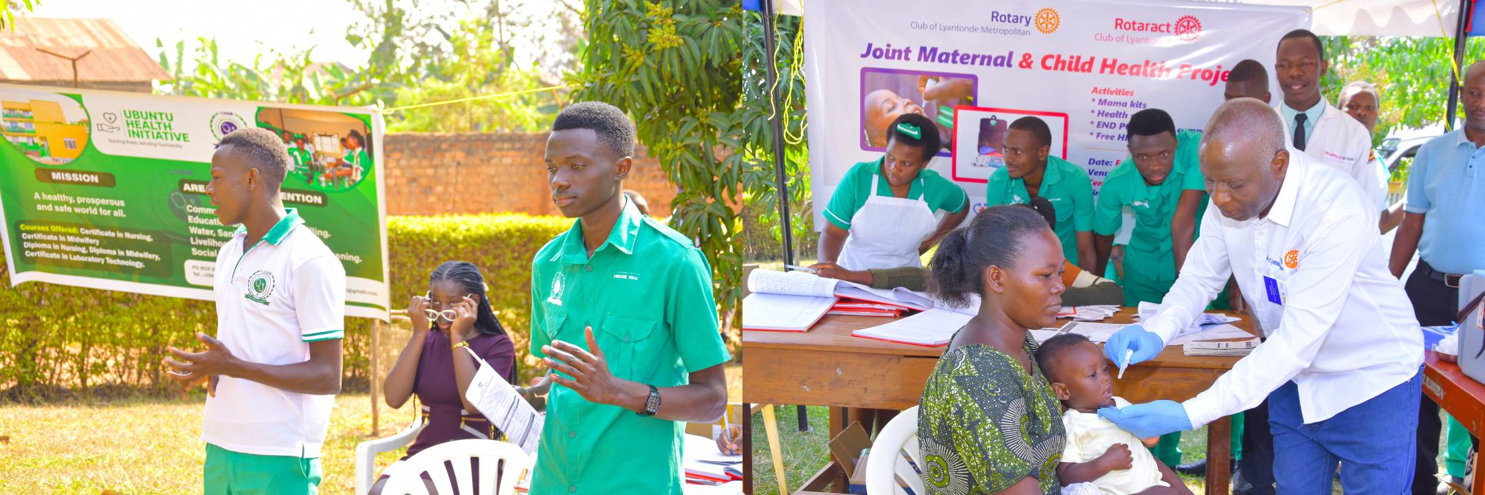 Left, Our staff and volunteers sensitizing mothers on benefits of Polio vaccination. Right, Our Executive Director taking the lead in vaccinating babies against Polio.