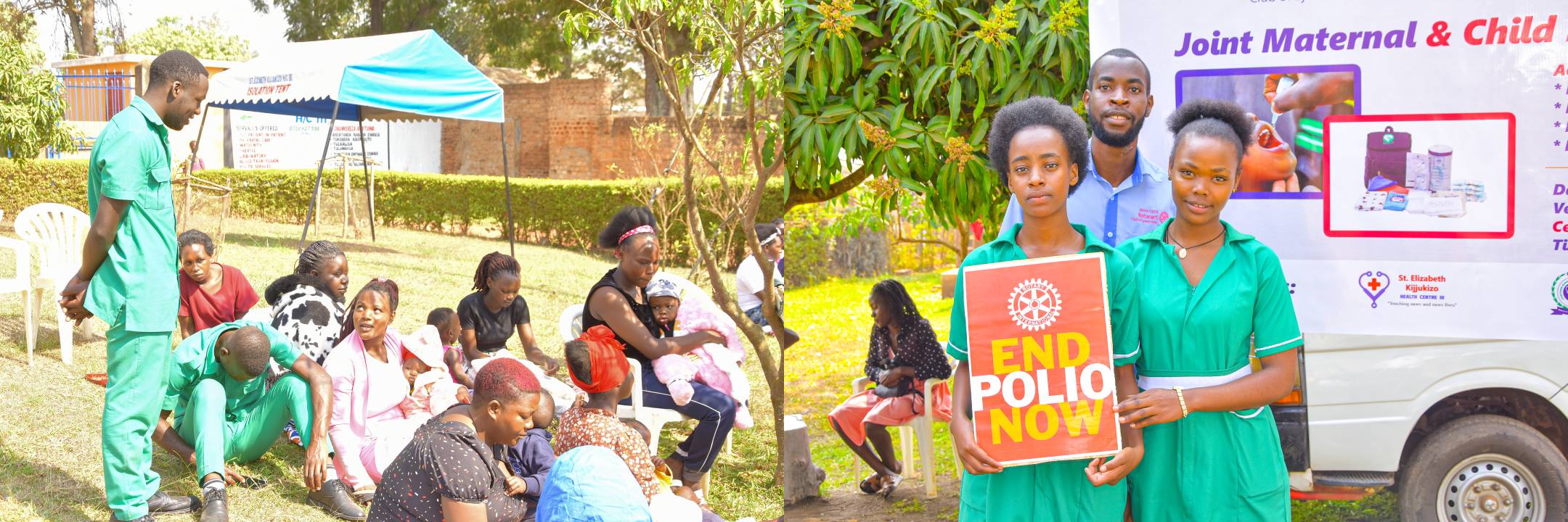 Left, our staff and volunteers taking questions about immunization from the mothers present. Right, END Polio Now message.